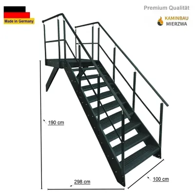 Produktbild von Podesttreppe Wangen- Stahltreppe 10 Stufen Höhe 190 cm inklusive Podest 100x100cm mit Geländer Anthrazit Ausrichtung Treppe Vorne (Front) Aussentreppe