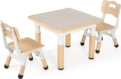 Produktbild von Kindertisch mit 2 Stühlen - Höhenverstellbares Kinder-Set - 60x60 cm - Quadratisch - Kunststoff PVC - Für Kinder von 3-8 Jahren - Beige