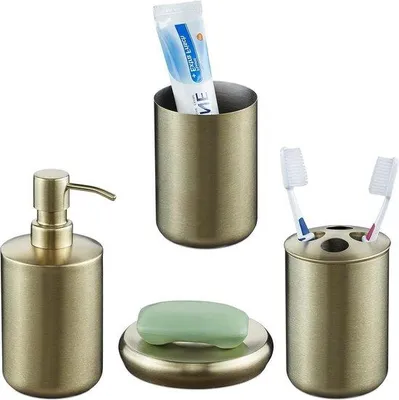 Produktbild von 4-teiliges Badezimmer-Set mit Zahnbürstenhalter, Seifenspender und Schale, goldfarben