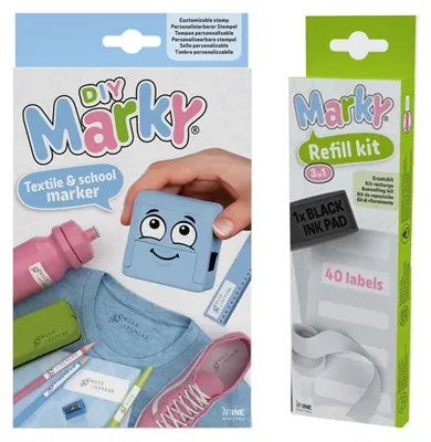 Produktbild von MARKY Stempel Set in Hellblau, mit schwarzer Tinte zum Beschriften verschiedener