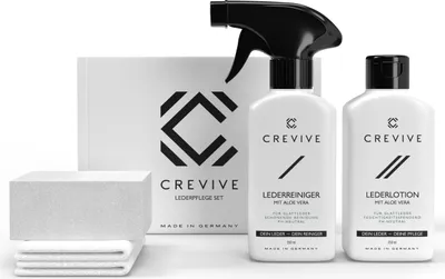 Produktbild von CREVIVE Lederpflege Set inkl. Lederreiniger & Lederlotion mit Aloe Vera + Schwamm + 2x Fusselfreie Tücher - Lederpflege Sofa - je 250 ml