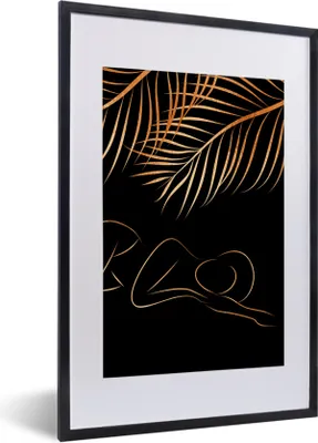 Produktbild von MuchoWow® Gerahmtes Poster Frau - Blätter - Strichzeichnung - Gold 40x60 cm - Poster mit Schwarzem Bilderrahmen Wandposter Rahmen Foto Bilder - Poster in Rahmen