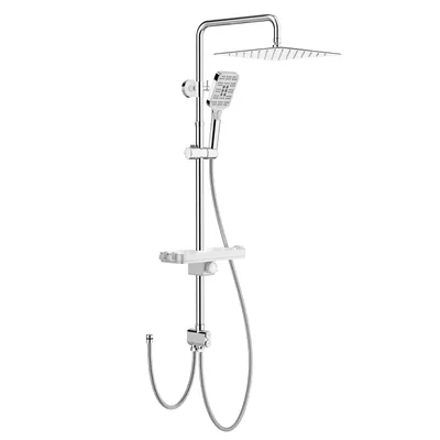 A chrome-plated shower set with a square shower head, a handheld shower, and a shelf, presented against a white background.