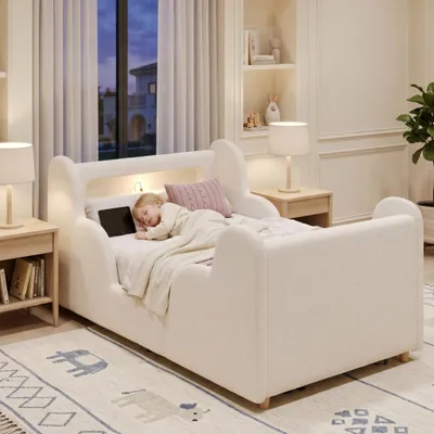 Immagine prodotto di Lettino Flieks 90x200 cm con protezione anticaduta, lettino imbottito singolo con luce notturna e funzione di ricarica, lettino classico per bambini, bouclé, beige
