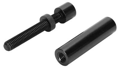 Two black metal computer hardware components are shown against a white background. One is a threaded rod with a knurled nut and a cap. The other is a cylindrical sleeve with a threaded opening.