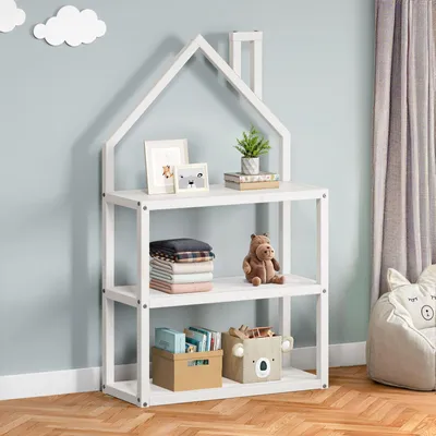 Produktbild von Kinderzimmer Regal LENISE in Hausform weiß - Kinderregal, Bücherregal, massive Kiefer, 3 Ablagen mit viel Stauraum