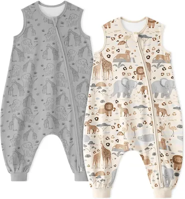 Image de Sac de couchage pour bébé avec pieds, 1 TOG, en coton, couleur abricot avec un éléphant gris, pour bébés