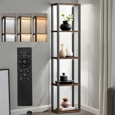 Produktbild von Bücherregal mit LED-Beleuchtung 5 Tier Stehlampe Holzregal Dimmbar Stehleuchte 3 Farbe Helligkeit einstellbar, Wohnzimmer Standregal für Schlafzimmer