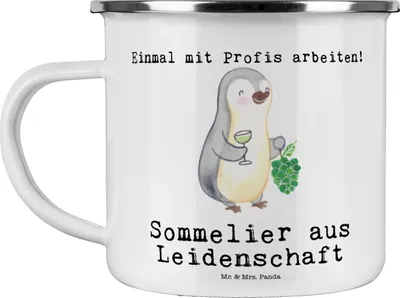 Produktbild von Mr. & Mrs. Panda Emaille Becher Sommelier Leidenschaft - Weiß - Geschenk, Outdoor Tasse, Haferl, Pott, Teetasse