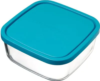 A square glass food storage container with a turquoise lid.