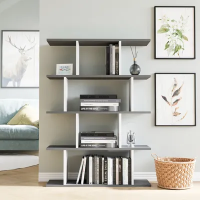 Obrázok produktu pre Skye Decor, kvalitná knižná polica, antracitová a biela farba, 90 x 25 x 127,4 cm | 100% melamínová drevotrieska, hrúbka 18 mm | Moderný dizajn s množstvom políc, možnosť montáže na stenu.