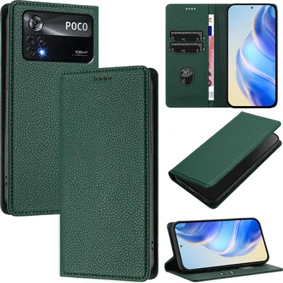 Obrázek produktu pro Kožené pouzdro pro Xiaomi Poco X4 Pro 5G, Litschi kůže, peněženkové pouzdro s přihrádkami na karty a stojánkem Zelený