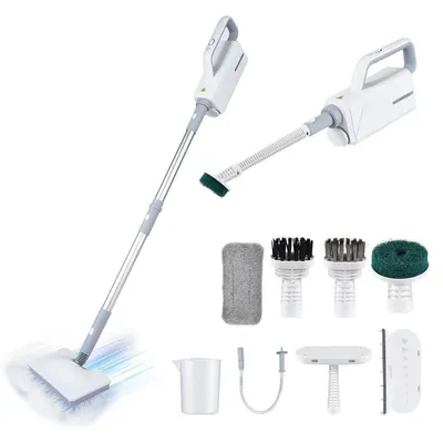 Produktbild von Dampfmopp für den Haushalt mit Handgerät und vielseitigem Zubehör, ideal für Böden, Kleidung, Fenster, Fliesenfugen und Möbelreinigung, weiß-grau