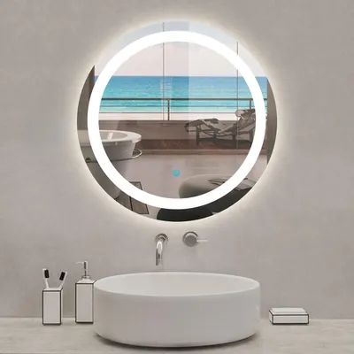Image de Miroir LED rond de 60cm, dimmable + mémoire + antibuée, IP44, avec interrupteur tactile, 6000k blanc froid