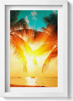 Produktbild von Urlaubsansicht - Palmen bei Sonnenuntergang– Wandbild mit Rahmen – Gerahmtes Bild  – Wanddekoration – 20x30 cm – Weiß