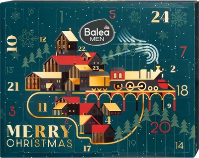 A Christmas advent calendar designed as a festive scene with a train and houses, featuring the Balea MEN logo and numbers for each day.