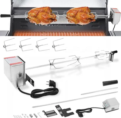 Immagine prodotto di Set di spiedini in acciaio inossidabile Jayseuw 117 cm Pinza per carne BBQ con motore incl. 4 spiedini per carne, spiedo elettrico, 220 V - 240 V, girarrosto, spiedo girevole