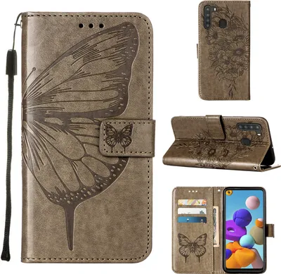 Produktbild von Galaxy A21 Hülle, Schmetterling Prägung Flip Leder Kartenfächer Schutzhülle Ledertasche mit Ständer für Samsung Galaxy A21 Grau