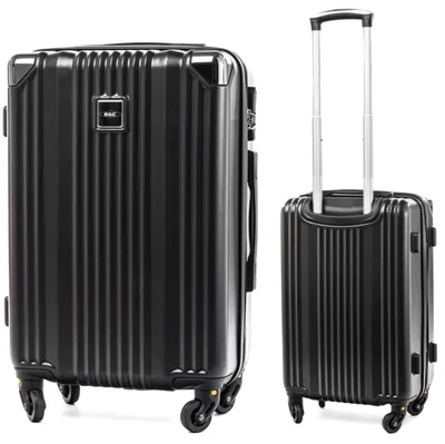 Two black suitcases, one upright with the handle extended, are shown against a white background.