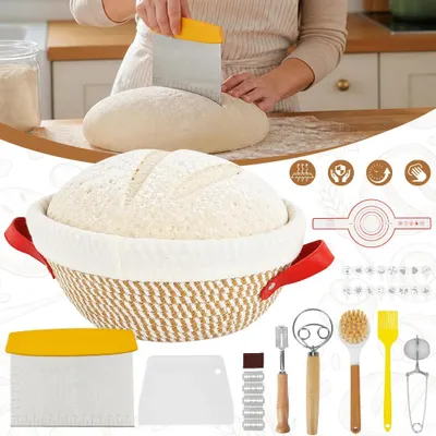 Image de Panier de fermentation pour pain - Kit de démarrage pour levain - 16 moules - 2 spatules à pâte - Coton de qualité alimentaire