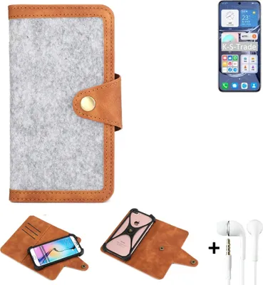 Produktbild von K-S-Trade Handyhülle + Kopfhörer kompatibel mit Huawei P50 Schutzhülle Filz Hülle Kunstleder hellgrau braun (1x)