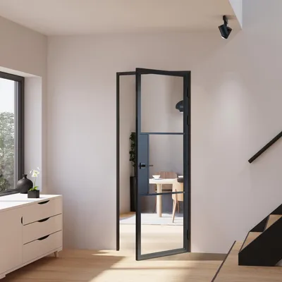 Produktbild von inova Loft-Glastür 834 x 1972 mm, DIN Rechts, 3 Felder Klarglas, Stahlrahmen Schwarz, Komplettset mit Zarge und Türklinke mit Schloss