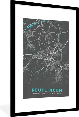 Produktbild von MuchoWow® Gerahmtes Poster Stadtplan - Karte - Reutlingen - Blau - Deutschland - Karte 60x90 cm - Poster mit Schwarzem Bilderrahmen Wandposter Rahmen Foto Bilder - Dekoration - Wandposter Wohnzimmer - Hochwertig