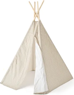 A striped teepee tent for children, standing upright on a white background.
