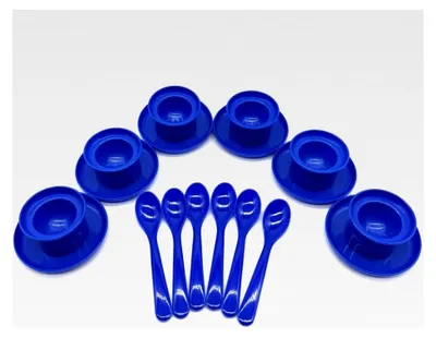 Produktbild von 6er Set Eierbecher mit Löffel, Frühstücksset aus Kunststoff in Blau