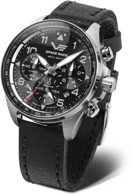 A close-up studio shot of a black Vostok Europe "Space Race" chronograph watch with a black leather strap, presented against a white background.