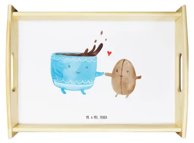 Produktbild von Mr. & Mrs. Panda Deko Tablett Kaffee Bohne - Weiß - Geschenk, Serviertablett, Lustige Sprüche, Holztablett, aus holz, Kaffeebohne, Glück, Genuss, Bett-Tablett