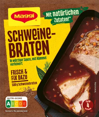 A package of Maggi Fix for pork roast with a picture of the prepared dish.
