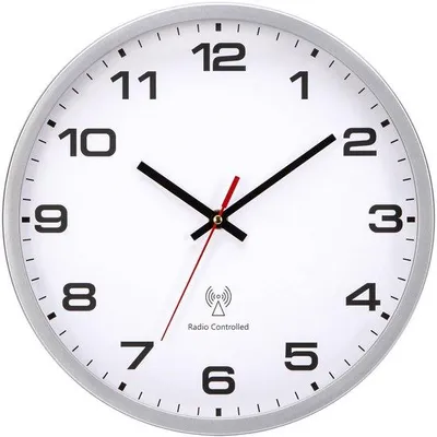Obrázek produktu pro Warminn rádiem řízené nástěnné hodiny 30cm quartzové velké nástěnné hodiny na baterie snadno čitelné pro pokoj doma kuchyň ložnice kancelář škola (bílá + stříbrná, 30cm)