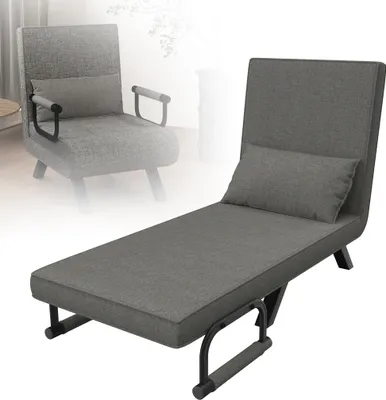 A gray chaise lounge chair is shown in a room with a blurred background.