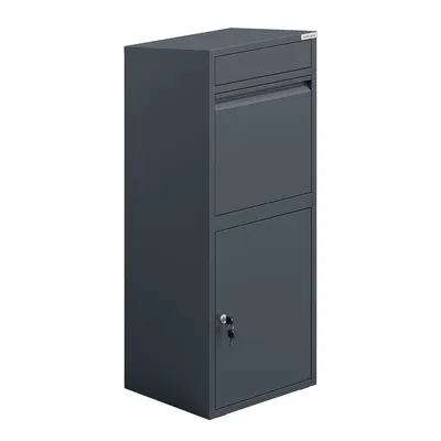 A dark gray metal mailbox with a package compartment and a lock is shown against a white background.