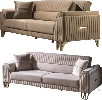 Produktbild von Villa Möbel Sofa Set Flavia Hellbraun-Creme Stellvariante:3+3 Relax- und Bettfunktion, pflegeleichter Mikrofaser Samtstoff
