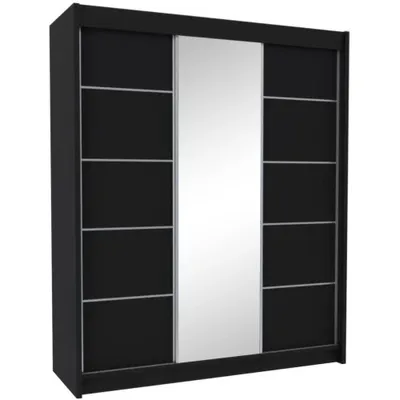 Produktbild von Schwebetürenschrank MARIKA 180 cm – Kleiderschrank mit 1 Schubkasteneinsätze, Spiegel & Schiebetüren (Schwarz)
