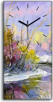 Produktbild von Dekor Leinwand Uhr Wandbilder 30x60 Ölgemälde Winter Bäume Fluss Natur - schwarze Hände