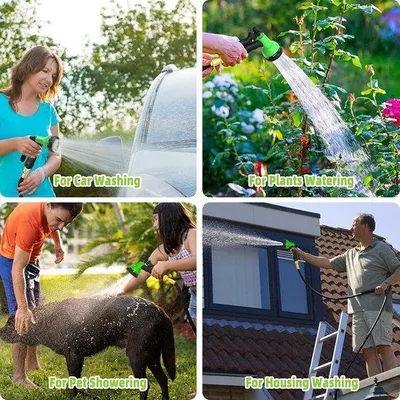 Productafbeelding van Slang met waterstraal, 8 standen en duurzaam materiaal (3450D). Verbeterde, flexibele waterslang van 15 meter met tuinslanghaspel