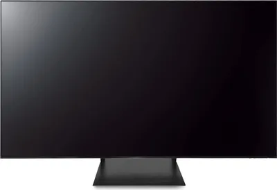 A modern flat-screen television with a black screen and a black stand, presented on a white background.