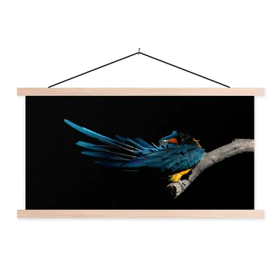Produktbild von MuchoWow® Textilposter Vogel - Federn - Zweig - Schwarz 60x30 cm mit holzfarbenen Rahmen - Dekoration