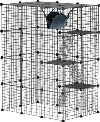Produktbild von PawHut Haustierzaun, Kaninchengehege für den Innenbereich, 4 Ebenen, modulares Gehege für Kleintiere, Kaninchen, Drahtgitterpaneele, 105 x 70 x 140 cm, Schwarz