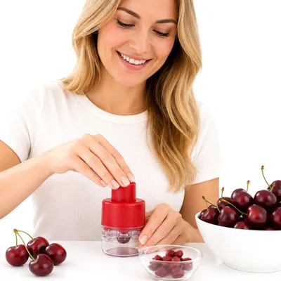 Produktbild von Kirschenentkerner Obst Entsteiner mit 7 Öffnungen Pressfunktion für Kirschen und Sauerkirschen Rot