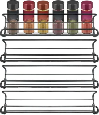 Produktbild von PolkaHome® Gewürzregal-Set ohne Bohren, 4 hängende Regale aus schwarzem Metall – 29,2 x 6,2 x 6,8 cm, Wandmontage mit Klebehaken oder
