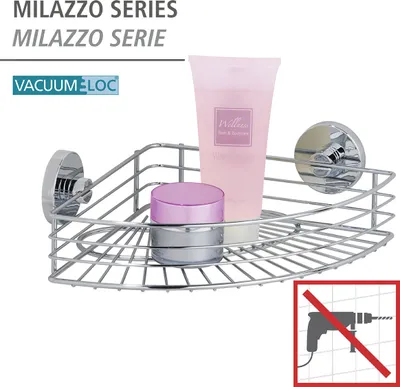 Obrázok produktu pre WENKO rohová polica Sprchová polica Kúpeľňová polica Sprchový kôš Oceľ bez vŕtania Príslušenstvo Bari