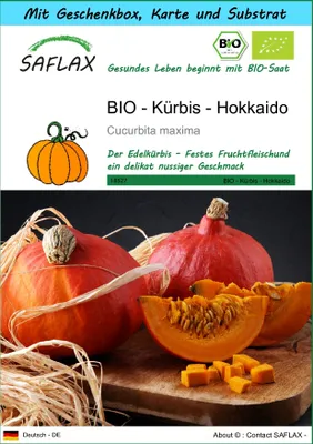 Produktbild von SAFLAX Geschenk Set - BIO - Kürbis - Hokkaido - Cucurbita maxima - 5 Samen - Mit Geschenkbox, Versandaufkleber, Geschenkkarte und Anzuchtsubstrat