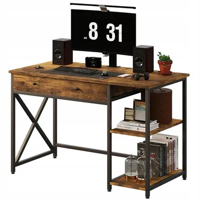 Zdjęcie produktu dla Biurko komputerowe loft industrialne rustykalny brąz z szufladą I półkami