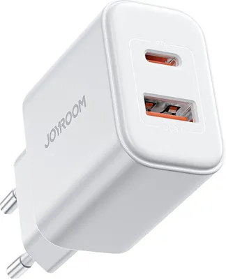 Produktbild von Joyroom 20W USB-C + USB-A Schnell Dual Netz-Ladegerät, inkl. USB-C z Lightning Kabel 1m, weiss