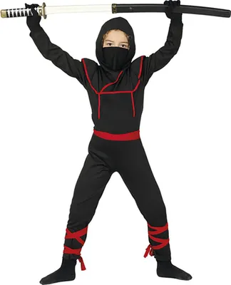 Produktbild von Ninja Held Karnevalskostüm Kinder Maske Gürtel Komplettset, Größe: 110/116 Farbe: Schwarz