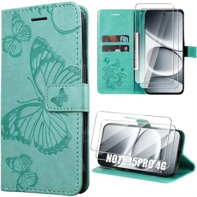 Image de Coque + 2 Verres Trempés pour Xiaomi Redmi Note 15 Pro 4G, Effet Cuir Vert - Motif Papillon